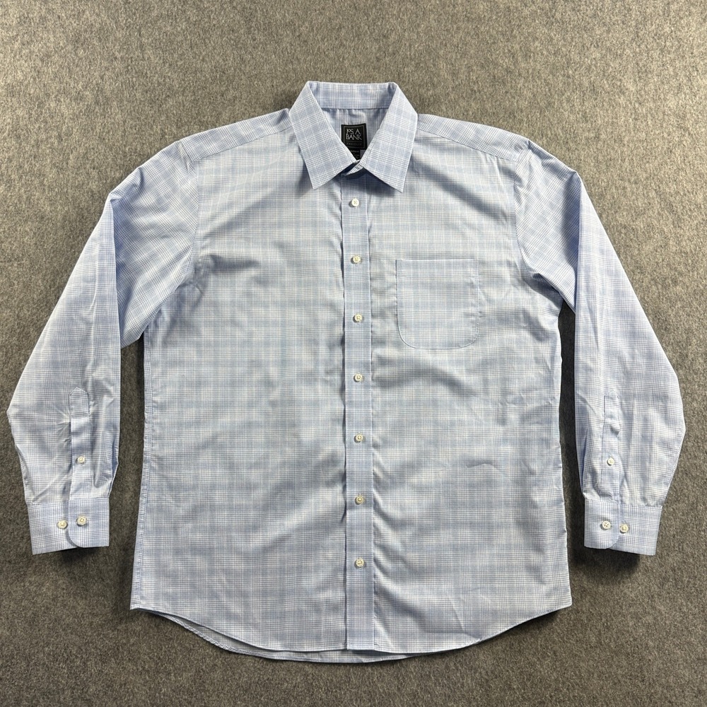 Jos. A. Bank Men Traveler Tailored Fit Plaid Dress Shirt L Blue White Cotton
